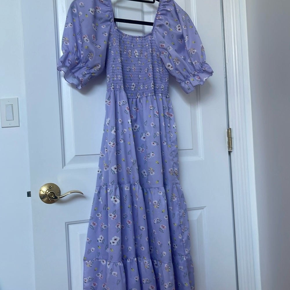 Tiered maxi dress with slit and puff sleeves